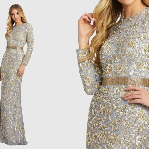 Mac Duggal  Silver Long Sleeve Embellished Gown SIZE US 8 $598 - Picture 1 of 11